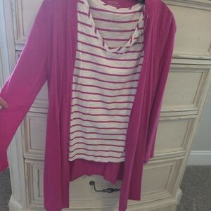 Chico's Fuchsia Open-Front Cardigan with Striped Tee